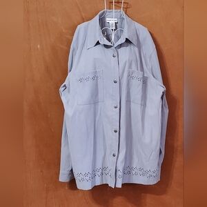 Vintage Alfred Dunner 16 Light Blue Long Sleeved Blouse w/ Cut Out Flowers